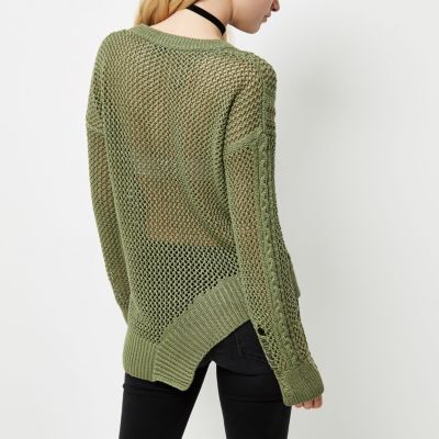 Khaki cable knit laddered cut out hem jumper